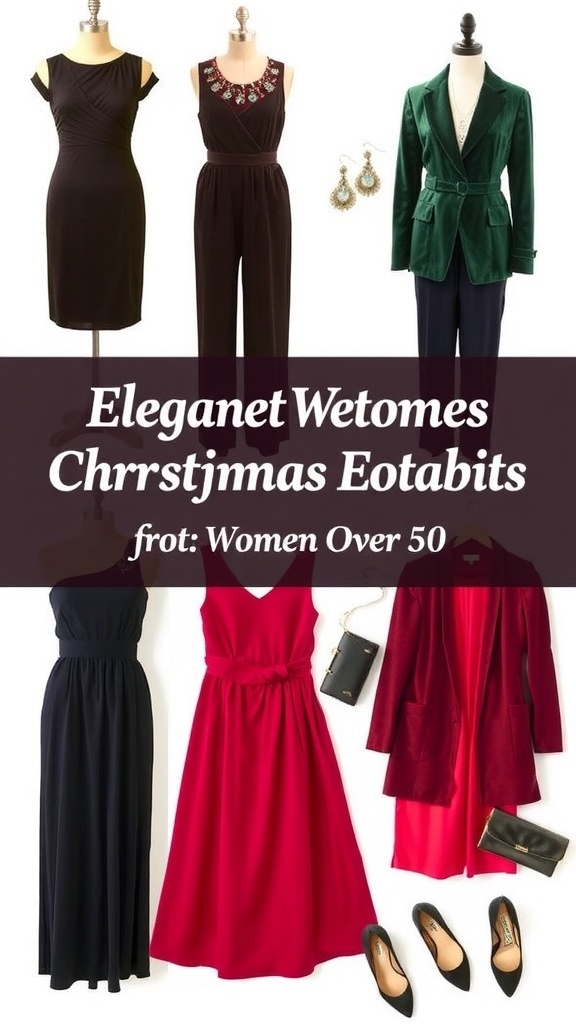Elegant Christmas party outfits for women over 50, including dresses, blazers, and accessories.